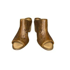 Josef Seibel Leather Open Toe Mules Size 37/6 Floral Cutout Design Stacked Heel